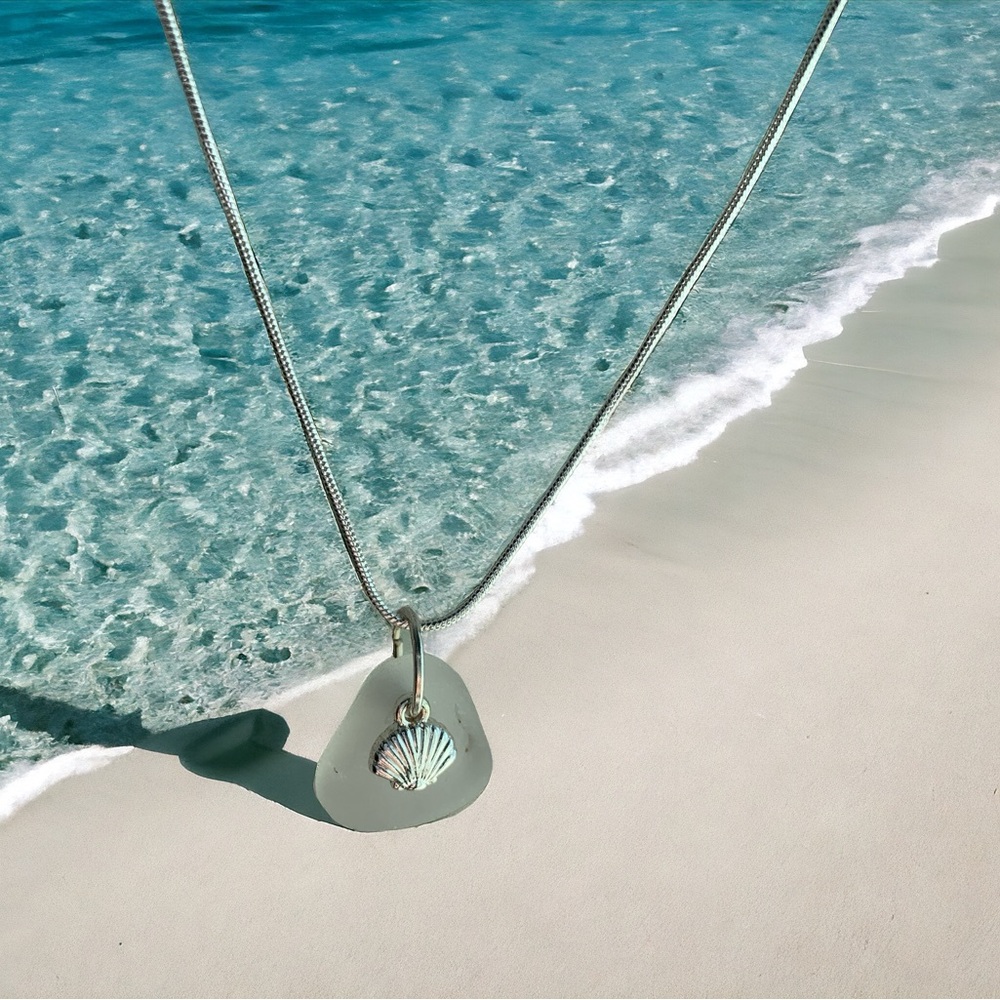 Real sea glass pendant, white piece of glass with sea shell charm
